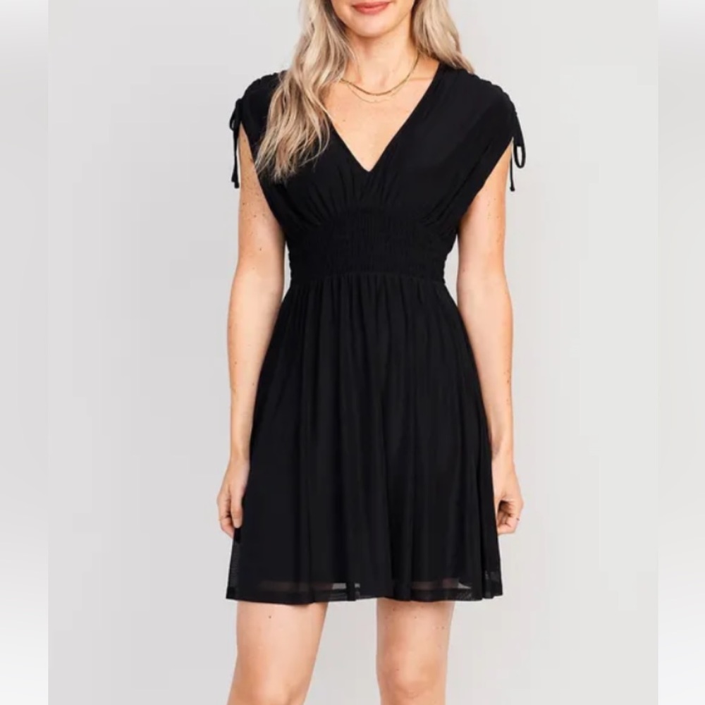 Waist-Defined Sleeveless Tie-Shoulder Smocked Mesh Mini Dress